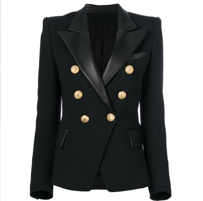 

Premium New Style Top Quality Blazers Original Design Women' Double-Breasted Slim Jacket Metal Buckles Blazer Black Leather Collar Outwear Size chart, As picture