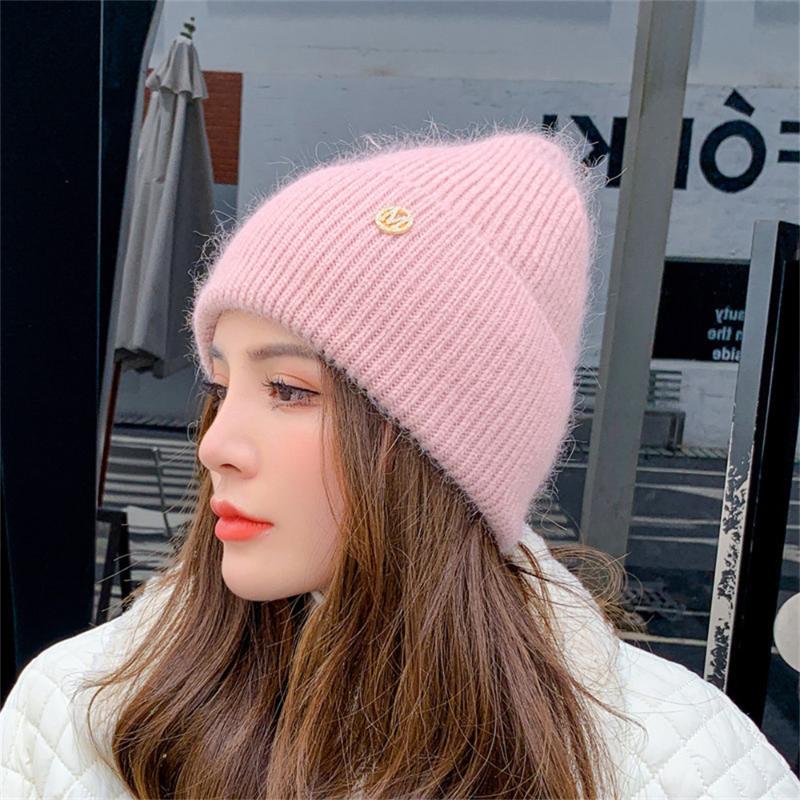 

Visors Fashion Fabbit Fur Beanie Hat Soft Warm Fluffy Winter For Women Angora Knitted Skullies Beanies Female Bonnet Girls CapVisors VisorsV, Pink