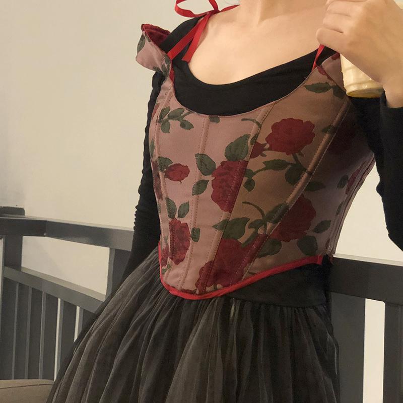 

Bustiers & Corsets Embroidery Rose Vintage Vest For Women Square Collar Sleeveless Hit Color Short Vests Female 2022 Fashion Clothing, Red