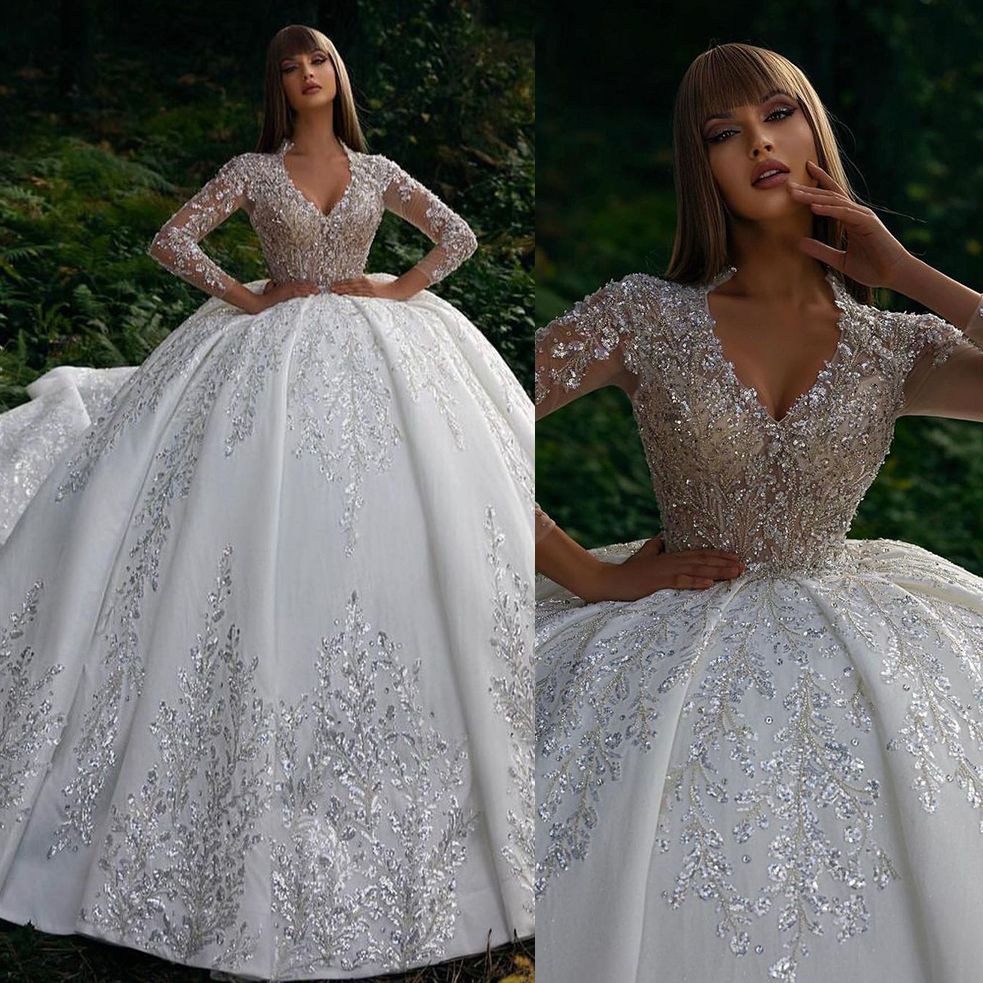 

Exquisite V Neck Women Wedding Dress Custom Made Beads Lace Ball Gown Shiny Applique Bridal Dresses, Grape