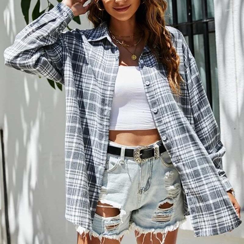 

Women' Blouses & Shirts Plaid Shirt Women Casual Loose Button Up Jacket Patchwork Long Sleeved Fashion Vintage Tops MujerWomen, White