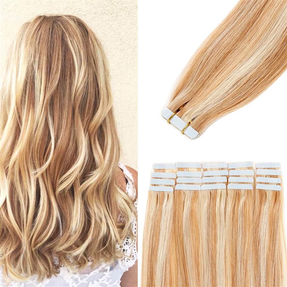

20pcs 14-24 inch Tape in Hair Extensions Human Hair Invisible Seamless Skin Weft Tape Remy Human Hair Piece Natural Straight for W271S, Natural color