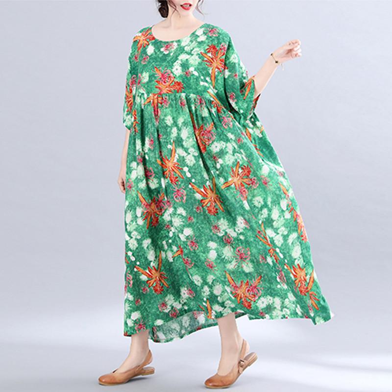 

Plus Size Dresses BIG Summer Women Fashion Flower Print Tops Ladies Female Large Long Casual Loose Ruffles Drapped Cotton Linen Dress, Green