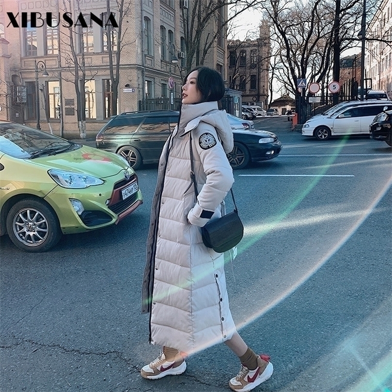 

XIBUSANA Female Winter Jacket Hooded Down Padded Jacket Long Over The Knee Cotton Coats Belt Waist Slimming Parkas Outerwear 201127, Red