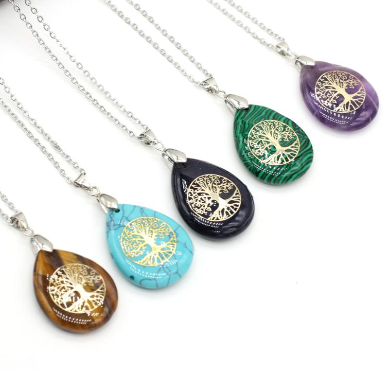 

Pendant Necklaces Drop Shape Necklace Natural Stone Metal Alloy Seven Chakras Aura Healing For Women Jewelry Gift 25x32 MmPendant