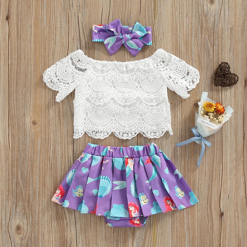 

Clothing Sets Baby Girl Three Piece Outfits Infant Short Sleeve Floral Lace Tops Printed Matching Ruffle Skirt Shorts HeadbandClothing, White