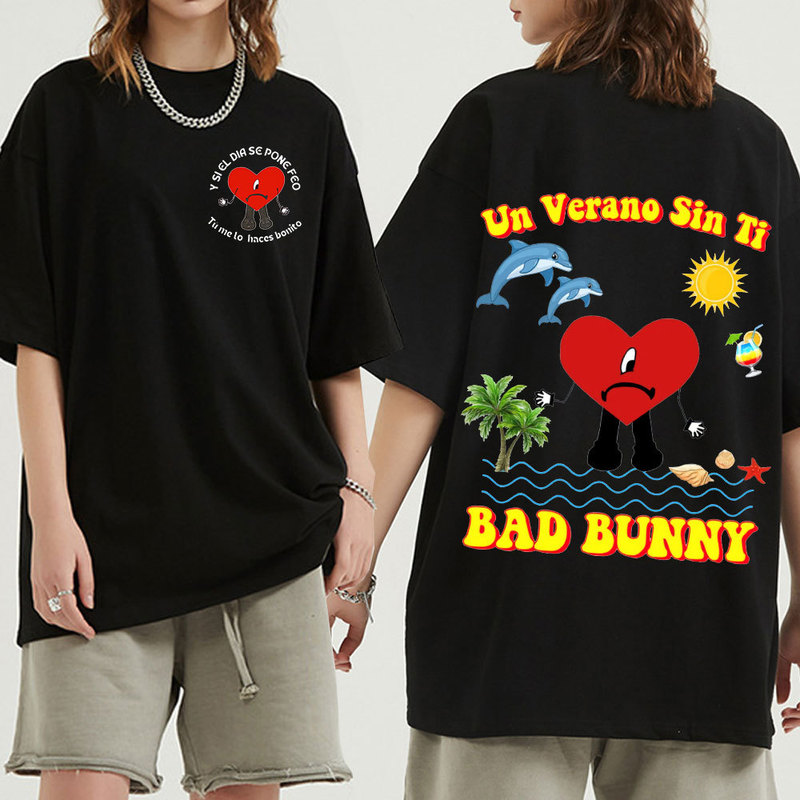 

Singer Bad Bunny UN VERANO SIN TI Music Album Double Sided Print Graphics T Shirt Unisex Hip Hop T Shirts Oversized Streetwear 220614, Red