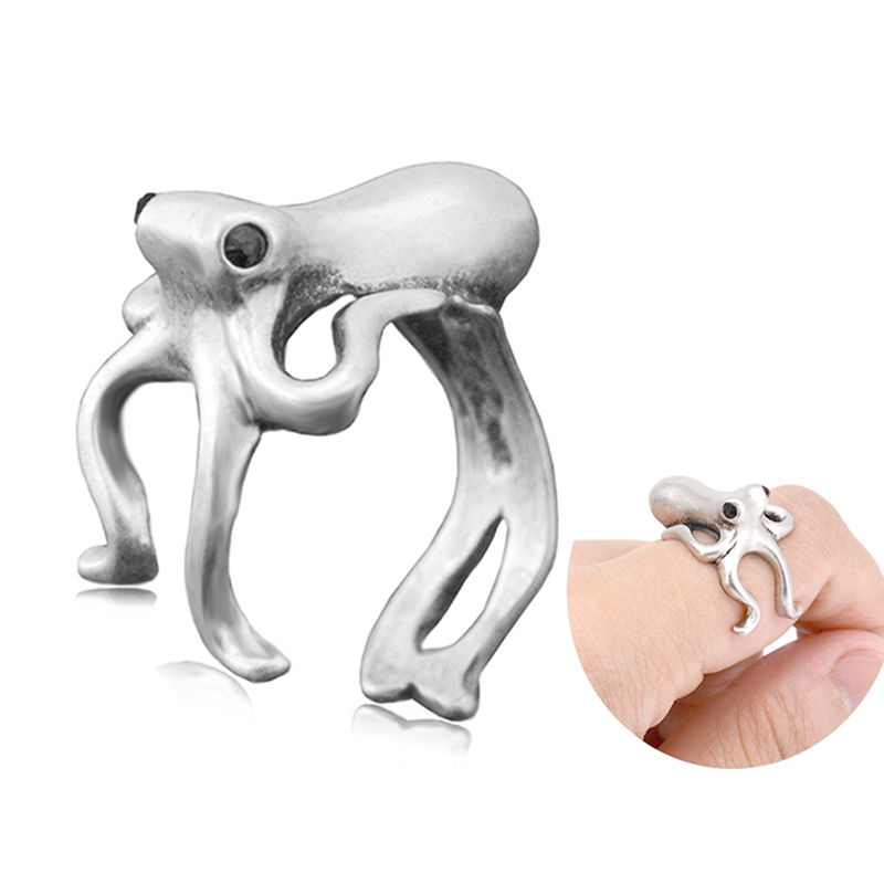 

Vintage SIver Color Crystal Eye Octopus Rings For Women Hip Hop Adjustable Animal Ring Anel Men Fashion Jewelry Party Gifts