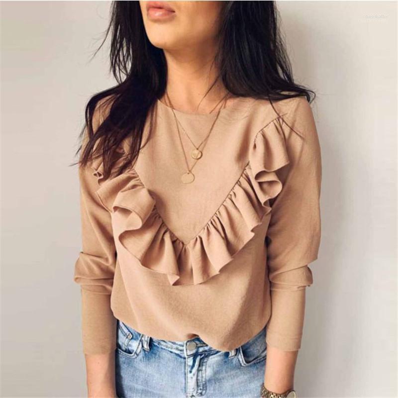 

Women' Blouses & Shirts Women Ruffles Blouse Autumn Winter O Neck Casual Solid Fashion Plus Size Woman Office Tops White Black Khaki Chee22