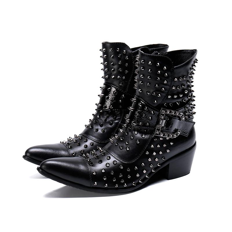

Boots Leather Motorcycle Rivet Point Toe Rock And Shoes Rhinestone Buckle Strap Ankle High Heel Winter Men, Black