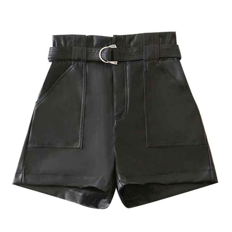 

TRAF Women Chic Fashion With Belt Faux Leather Shorts Vitnage High Waist Zipper Fly Pockets Female Short Pants Mujer 220419, As picture