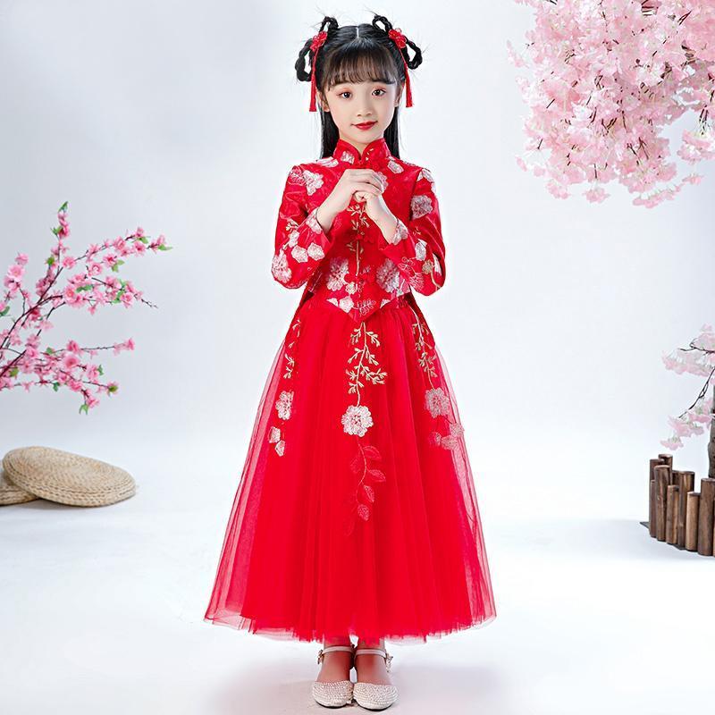 

Girl Cheongsam Dress Lace Embroidery Baby Princess Dresses For Wedding Party Vestidos Girls Floral Chinese Year Ethnic Clothing