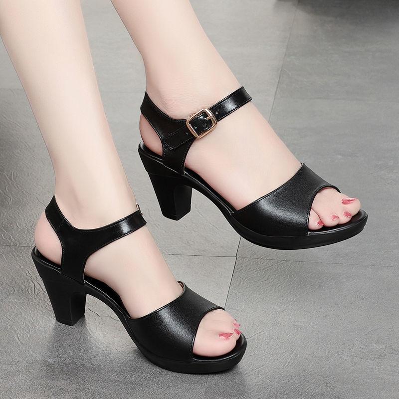 

Sandals Black Square Heel For Wmoen Shoes Platform Block Ankle Strap Kitten Open Toe LeatherSandals