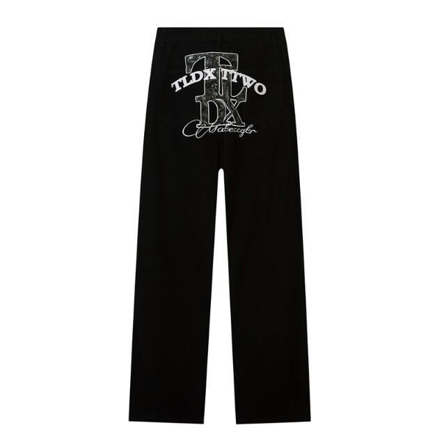 

High Street Letter Embroidery White Black Straight Jeans Pants for Male and Female Baggy Casual Denim Trousers