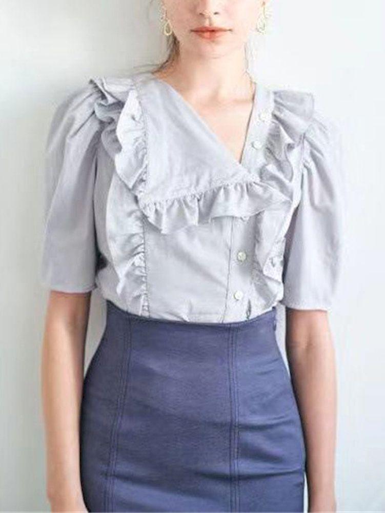 

Women's Blouses & Shirts IYunDo Ruffled Blouse Women Short Pulff Sleeves V-Neck Frill Tops Ladies Korean Fashion Clothes Femme Blusas MujerW, Black