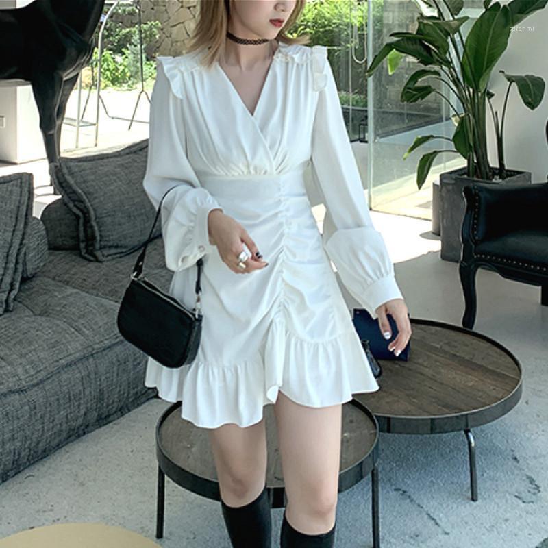 

Casual Dresses Draped Mini Dress Women High Street French Long Sleeve Waist Party Elegant Female 2022 Summer Clothing Korean, Black