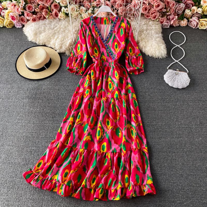 

Casual Dresses Summer Ethnic Style Print Seaside Vacation Maxi Vestidos Female V-neck Lantern Sleeves Thin Lotus Leaf Dress 156Casual Casual, Blue