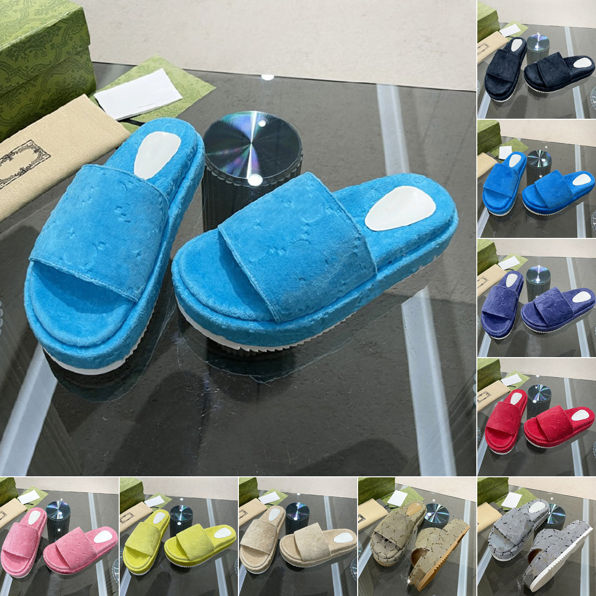 

LUXURY Designers Men Women Slippers Sandals Embossed Printing Velveteen Thick Soft Sole Mule Summer Flat Heel Scuff Slides Flip Flops Beach Sandals Size 35 to 44, 4-8
