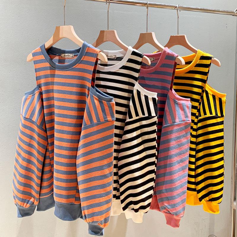 

Women's T-Shirt Hollow Out Shoulder Stripe Girls Student Plus Size Long Sleeve Autumn Casual PulloversWomen's, Orange