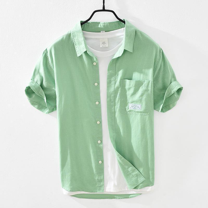 

Men's Casual Shirts Cotton Linen Men Short Sleeve Solid Business Dress Shirt Fashion Tops Male Camisa Streetwears Clothing TS-759, Green