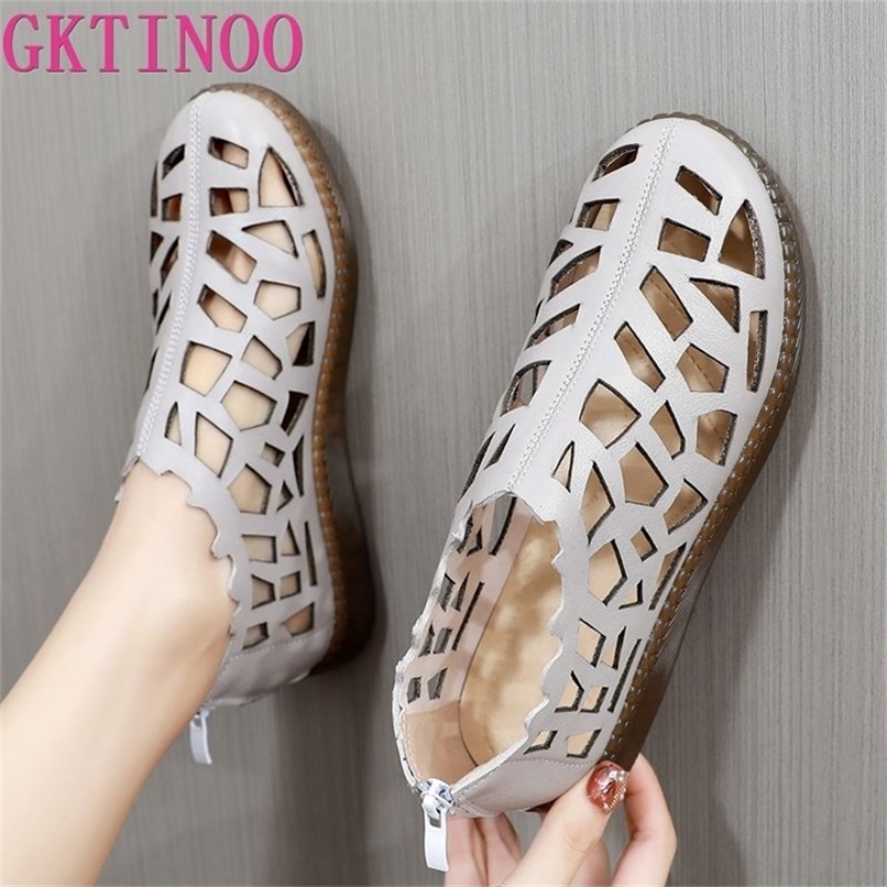 

GKTINOO Summer Genuine Leather Hollow Shoes Woman Sandals Casual Sneakers Flat Soft Sole Comfortable Sandals Large Size 220406, 992 apricot