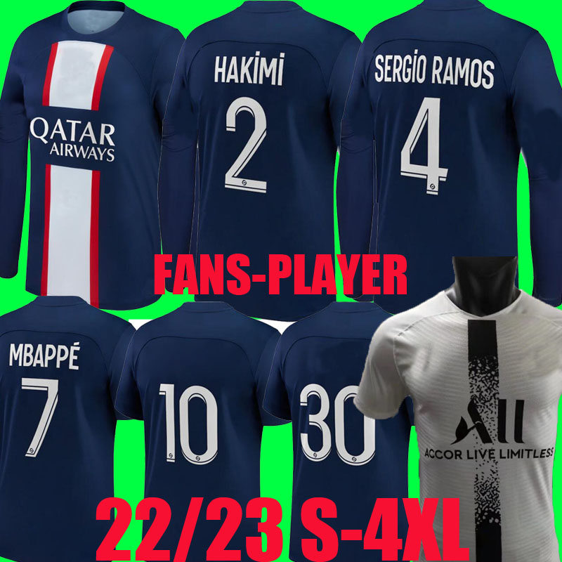 

MBAPPE HAKIMI PLAYER #30 soccer jersey SERGIO RAMOS 22 23 Maillots 2022 2023 MARQUINHOS VERRATTI pSGS long sleeve player version football shirt uniforms maillot foot, Home player version 1