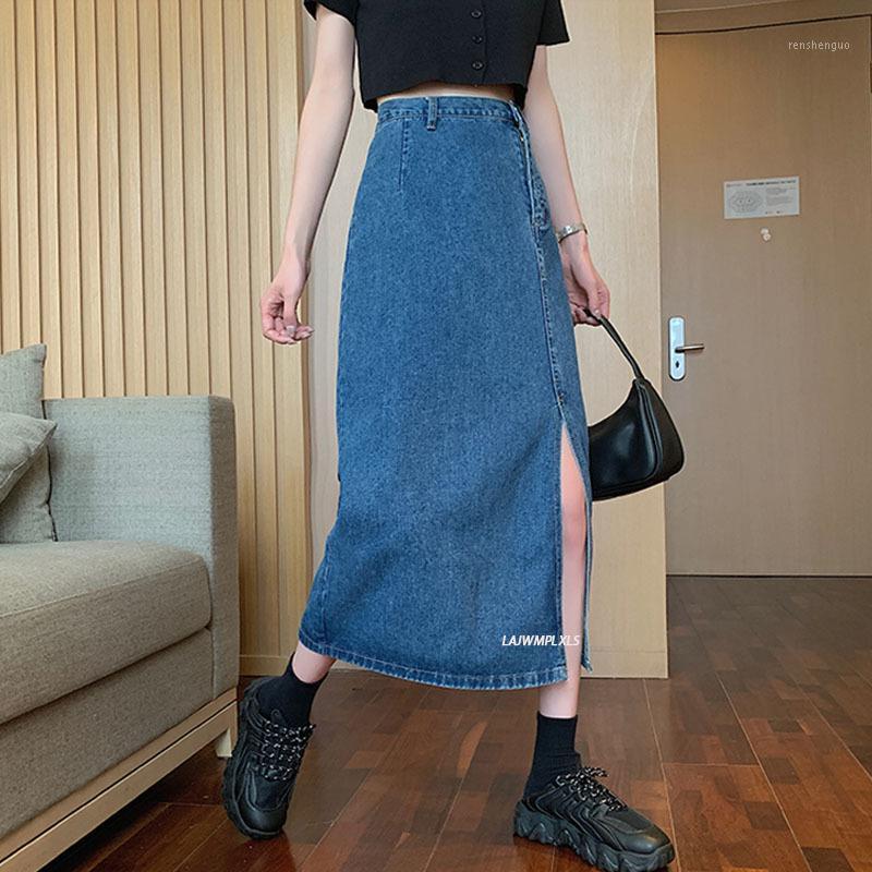 

Skirts Mid-length Women Summer 2022 Denim Side Slit Design Soft Harajuku Sexy Ladies All-match Slim Leisure Chic Skirt, Light blue
