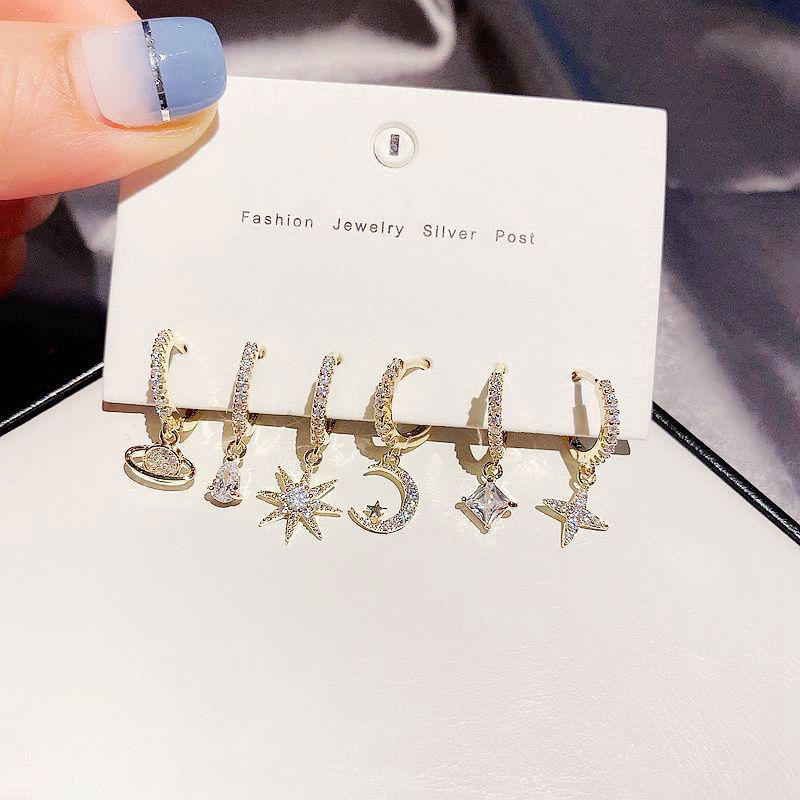 

Dangle & Chandelier Fashion Inlaid Zircon Stars Moon Drop Hoop Earring Charm Women Style 6-Piece Set For Girls Gift Exquisite Jewelry SetDan