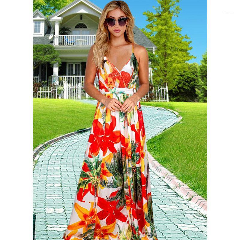 

Casual Dresses Women 2022 Fashion Bohemian V Neck Floral Strap Backless Summer Female Lady Beach Clothing Long Maxi, Style-2