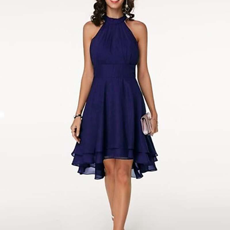 

Casual Dresses Summer Women Asymmetrical Halter Sleeveless Solid Color Chiffon Empire Elegant Slim Midi Dress, Black