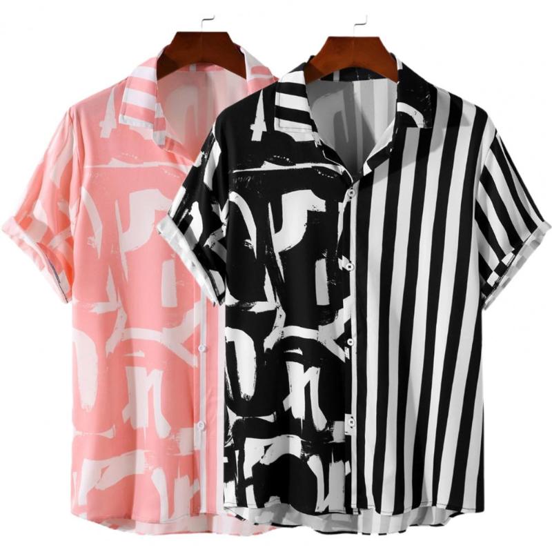 

Men' Casual Shirts Striped Print Breathable Men Shirt Youthful Short Sleeves Asymmetric Single-breasted Tops Simple Loose Soft Summer Shirt, Black