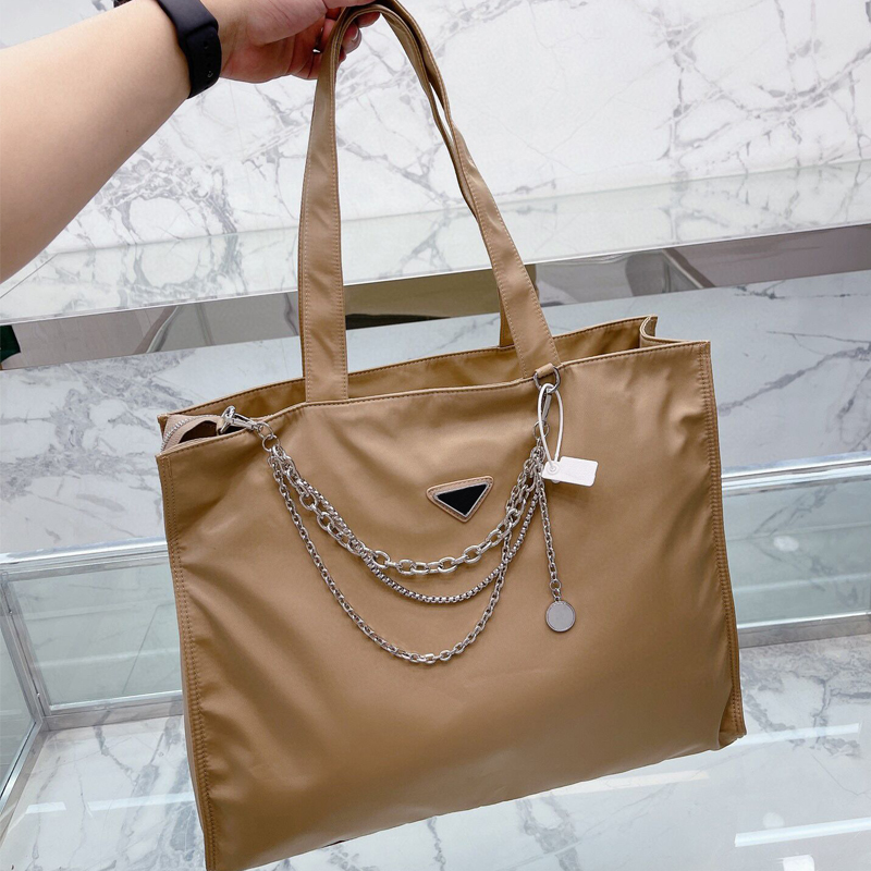 

Khaki Designer Totes women nylon Handbag Purse Large Capacity silver decorative chain Lady Tote Bags Shopping Bag High Quality Fashion Grace Shoulder Bag, Black