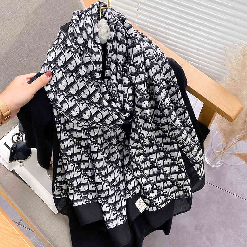 0DE5 D letter silk scarves generous women's spring and autumn thin summer sunscreen shawls Korean scarf versatile trend
