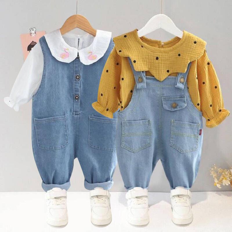

Clothing Sets Spring And Autumn Girls Polka Dot Long-sleeved Top Denim Overalls Suit Girl Cartoon Bear Jumpsuit Two-piece SuitClothing, As picture