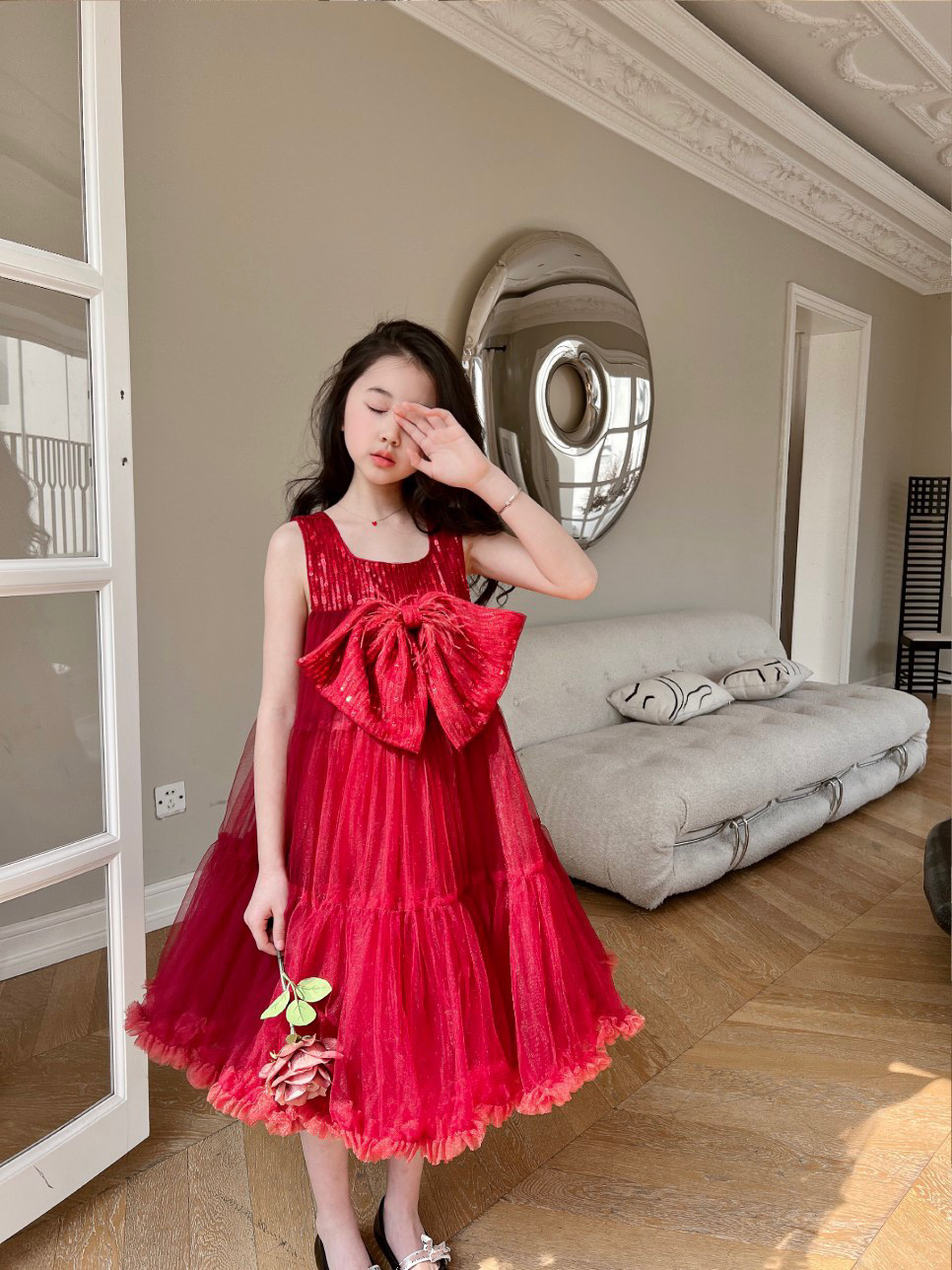 

Kids Girls Dress Baby red wedding wear party tutu Children Girl birthday Lace Dresses