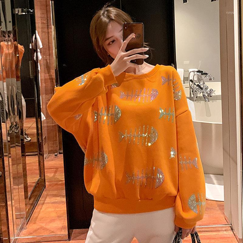 

Women Winter Thicken Orange Sweatshirt Fishbone Diamond Loose Long Sleeve Pullovers Women' Hoodies & Sweatshirts