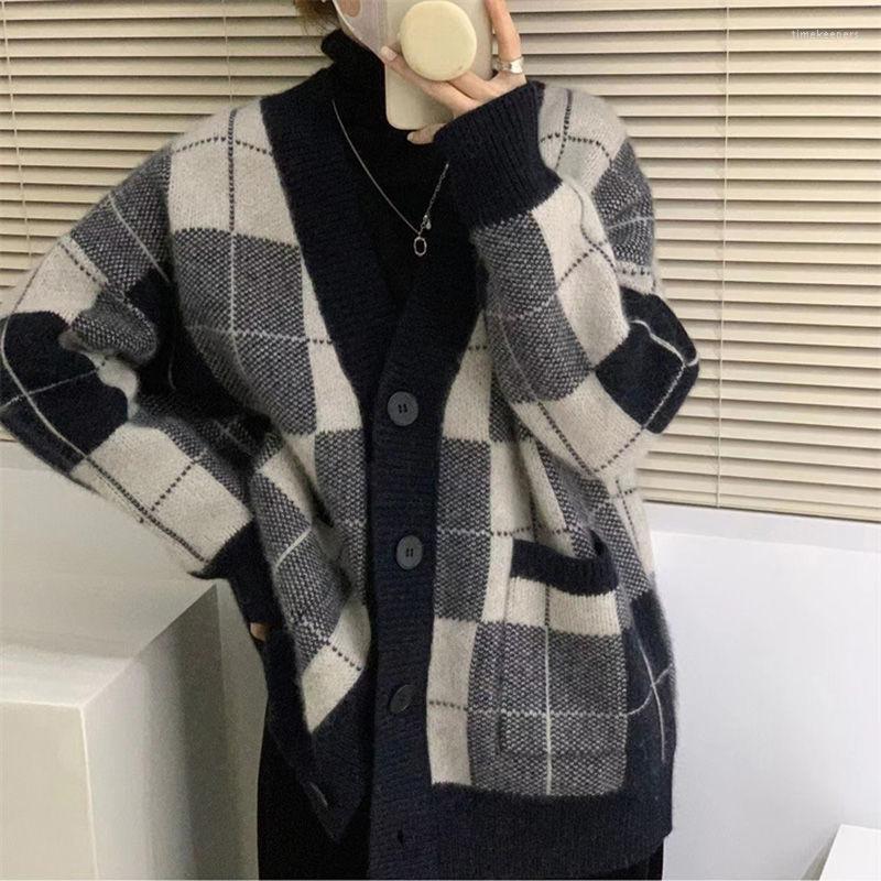 

Women's Knits & Tees Autumn And Winter V-neck Loose Pockets Retro Plaid Knitted Cardigan Female Striped Long-sleeved Sweater Coat Women', Green