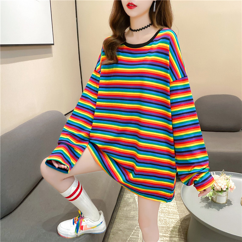 

Autumn Long sleeve T Shirt Women Basic Tee Oversize T Casual O neck Rainbow Stripe tshirt plus size 220714, Color stripes