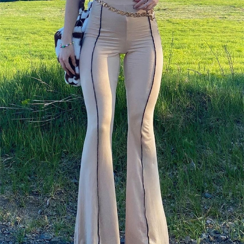 

IAMSURE Sexy Slim Flare Pants Summer HighWaist Trousers Wide Leg Women Fashion Casual Holiday Boot Cut Legging Lady 220813, Khaki