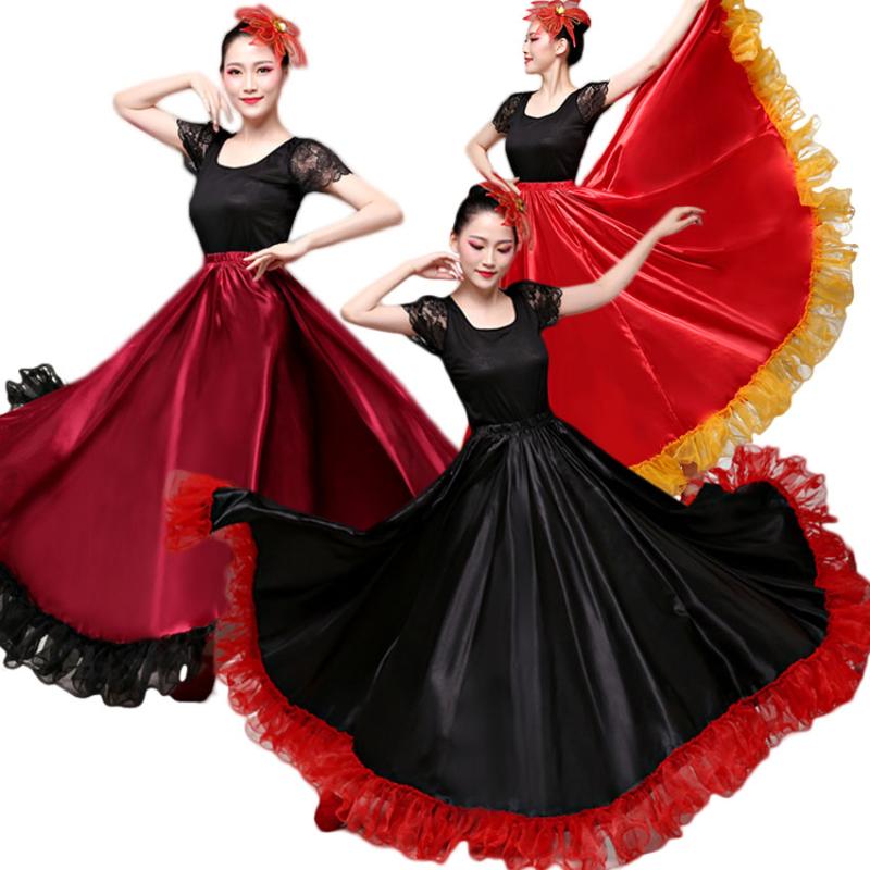 

Stage Wear Fashion Gorgeous Female Plus Size Belly Dance Skirt Spanish Flamenco Dress Team Lace Satin Solid Smooth, One rose