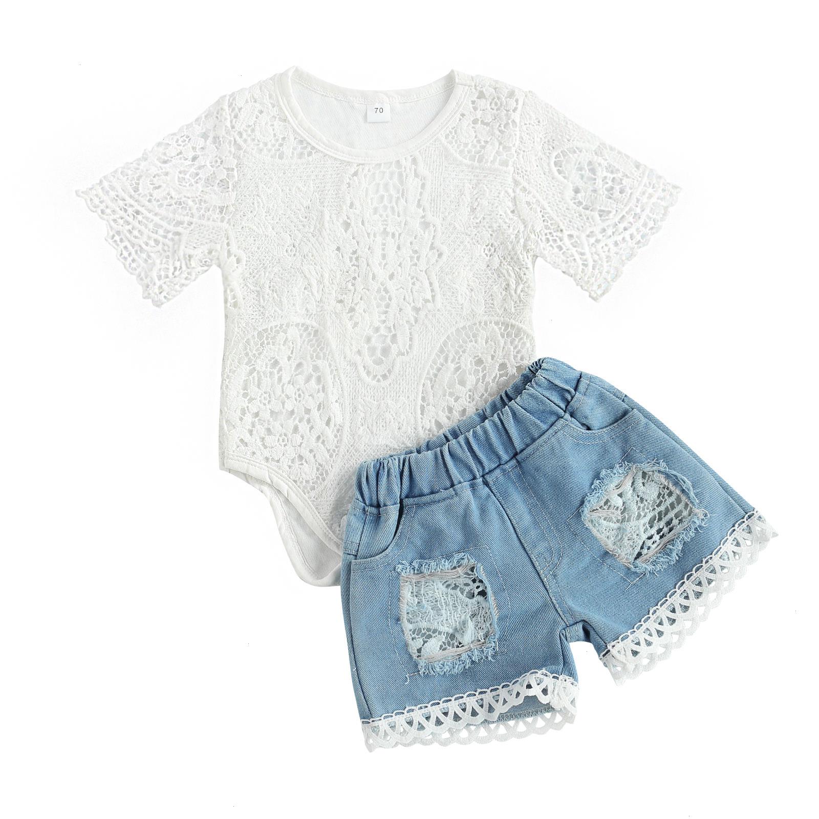 

Summer Infant Baby Girls Outfit Sets Short Sleeve Hollow Lace Romper Ripped Denim Shorts Set Clothes, As picture