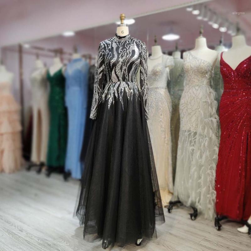 Robes de soirée musulmanes entièrement couvertes à manches longues soirée col haut paillettes perlées Tulle formelle femmes robes élégantes