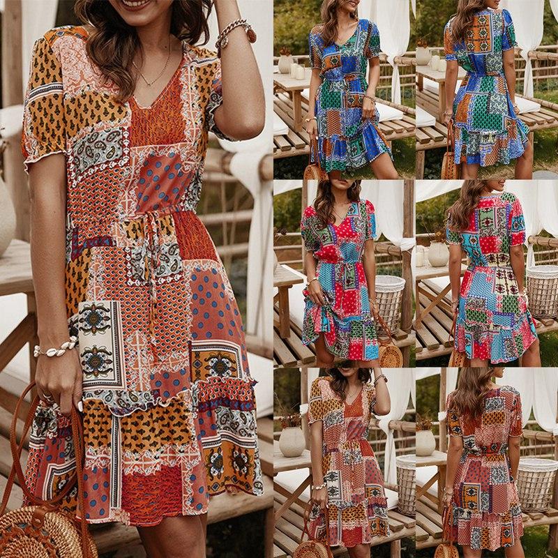 

Party Dresses Kf-Summer Casual Short Sleeve Dress Women Cotton Print V-neck High Waist Knee-length, Orange