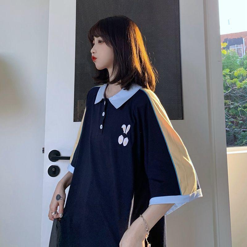 

Women's T-Shirt Kawaii Top Female Student Korean Loose 2022 Girl Collar Short-sleeved Ears Embroidery All-match Preppy ShirtWomen's WomenWom, Yellow collar