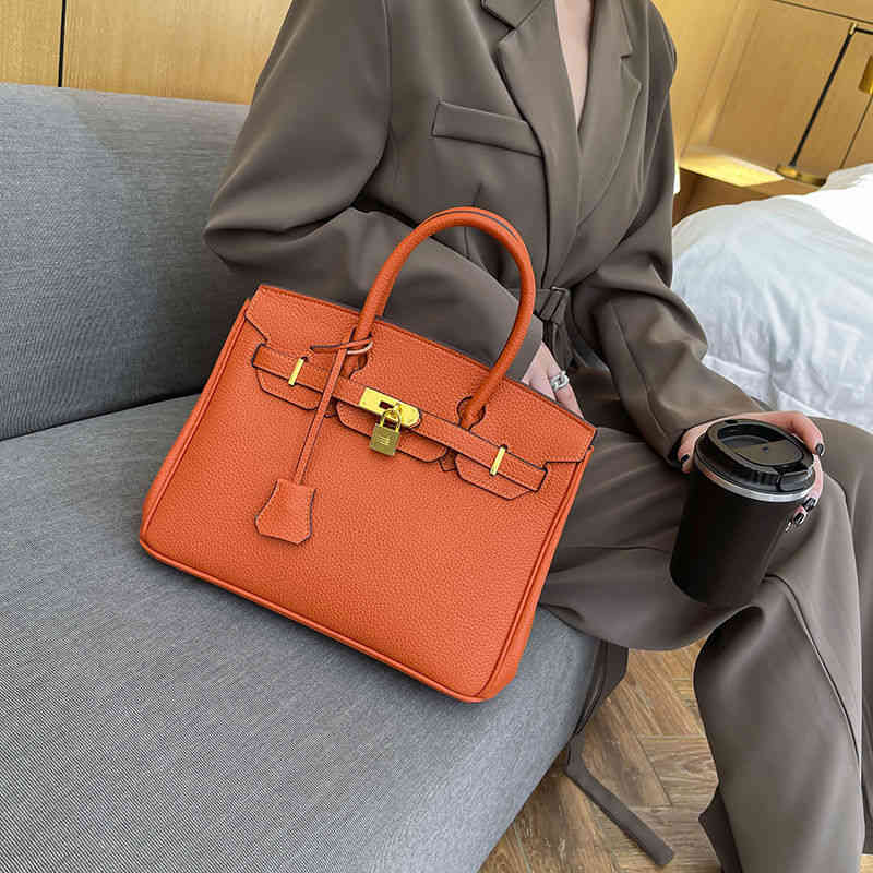 

Designer Herme Bags Birkins Temperament platinum bag leather large capacity commuting highgrade litchi pattern Hand top layer cow, Elephant gray
