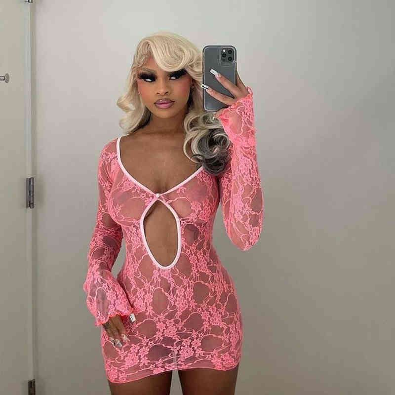 

Women' Sexy Dresses Clothes 2022 Spring and Summer Ins New Lace Perspective Buckle V-neck Women Club Party Mini, Pink