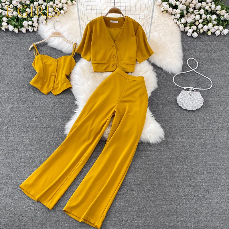 

Women's Two Piece Pants GIRLS Vintage Women Three Pieces Set V-Neck Short Blouse Strap Camis Wide Leg Suit Green/Red/Yellow Spring Fall 2022, Black