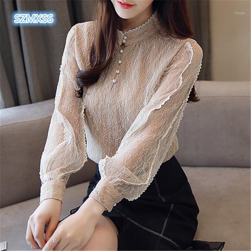 

Women' Blouses & Shirts SZMXSS Women Hollow Slim Elegant Female Spring Autumn Pearl Neckline Long Sleeve Lace Tops, Black
