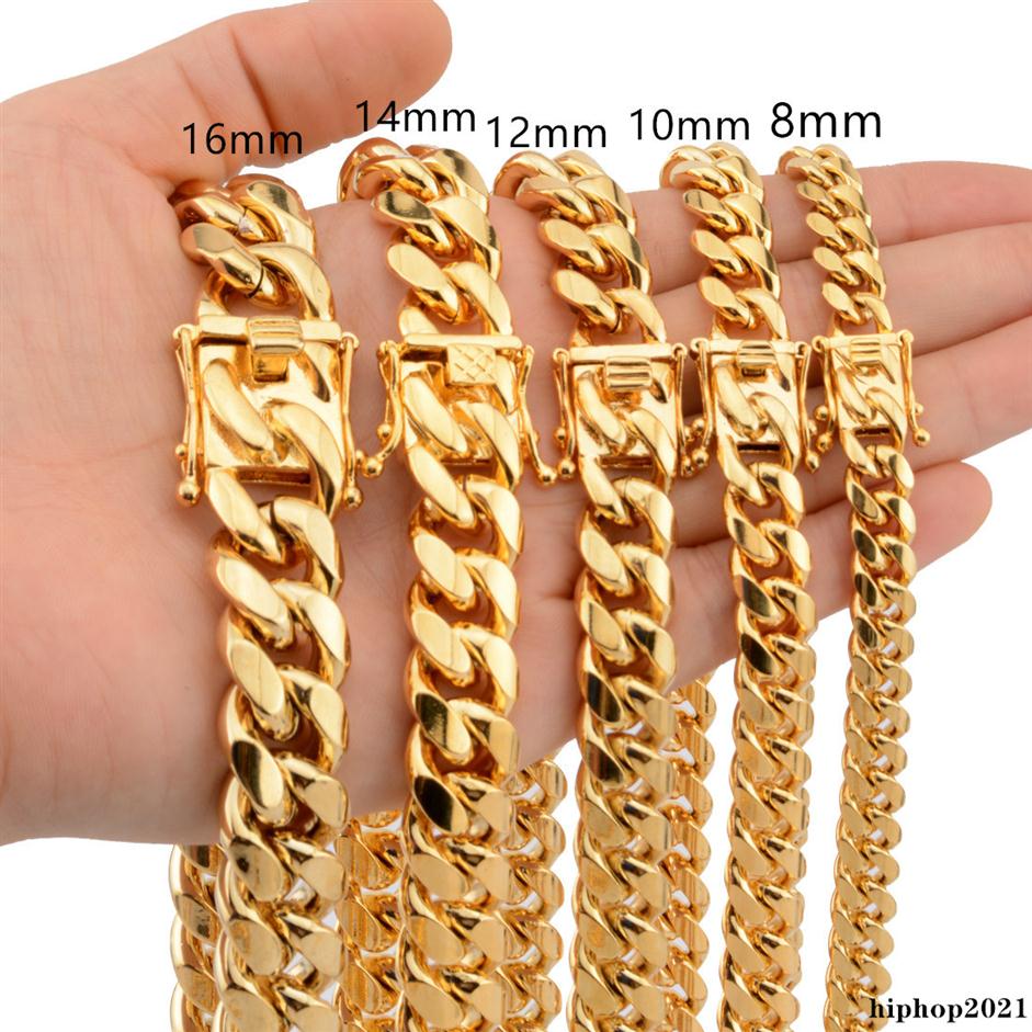 

8mm/10mm/12mm/14mm/16mm Miami Cuban Link Chains Stainless Steel Mens 14K Gold Chains High Polished Punk Curb Necklaces285G