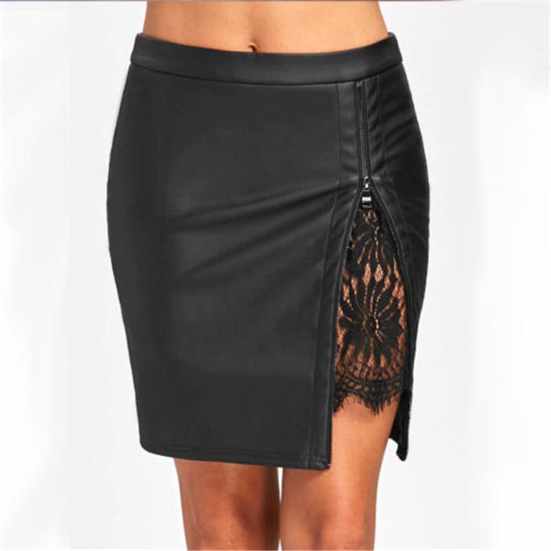 

Fashion Women Lace Up Elegant Hollow Out Trendy Zipper PU Leather Skinny Sexy High Waist Pocket Short Mini Skirts, Black